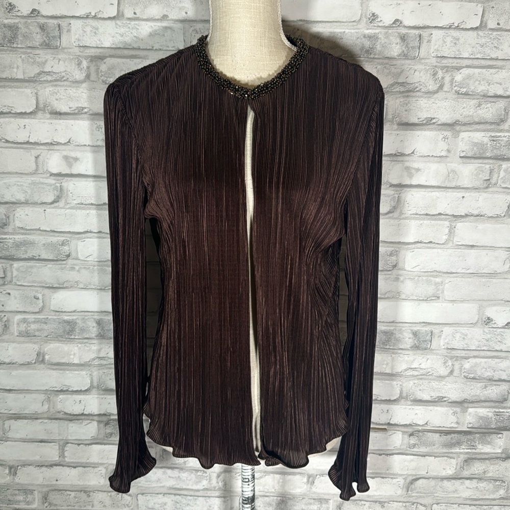 Cachet Brown Accordion Pleated Silky Blouse Cardigan
